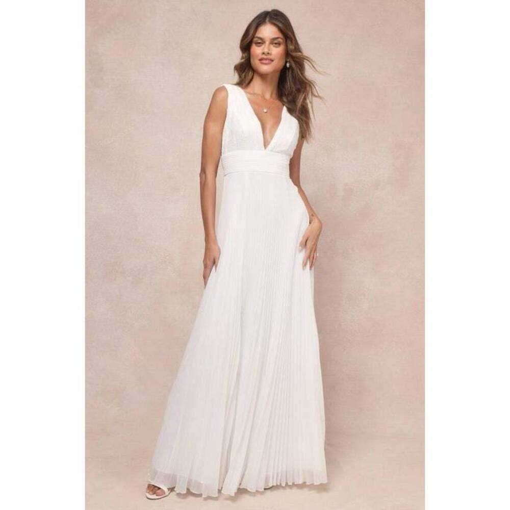 Lulus Gorgeous Forever Ivory Chiffon Lace Pleated Backless Maxi Dress White